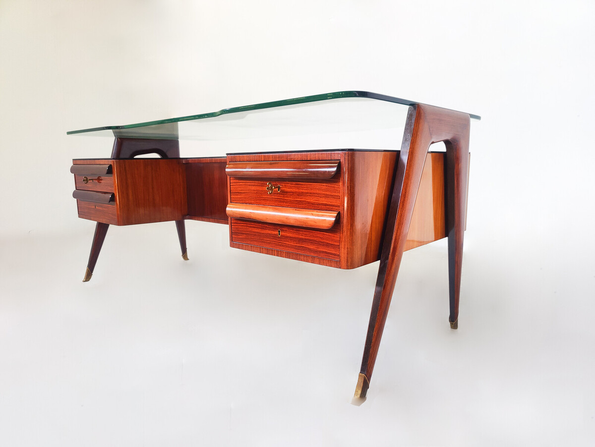 Mid-Century Modern Vittorio Dassi Desk, Wood and Glass, 1950s