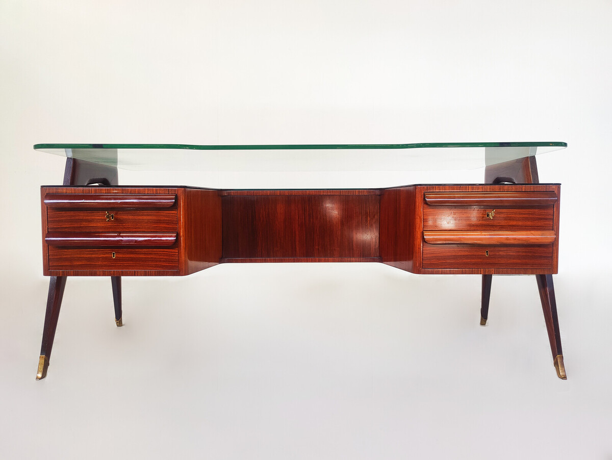 Mid-Century Modern Vittorio Dassi Desk, Wood and Glass, 1950s