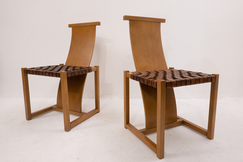 Mid-Century Modern Wood and Woven Leather Chair Attributed to Alvar Aalto - 1950s