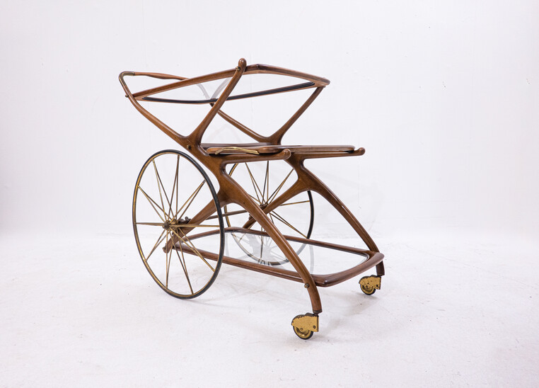 Mid-century Modern Wood Brass and Glass Trolley with Removable Tray - Italy 1950s