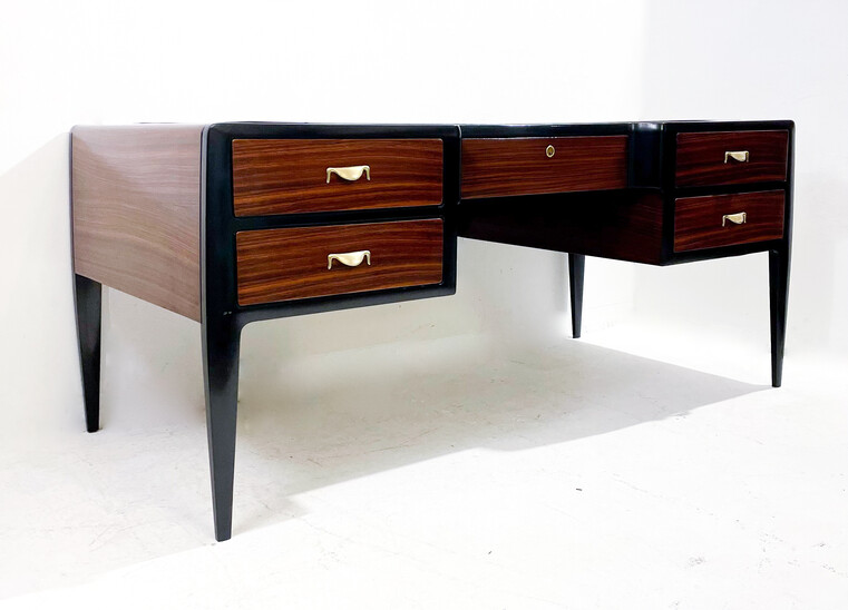 Mid-Century Modern Wooden Desk, Wood Leather and Brass