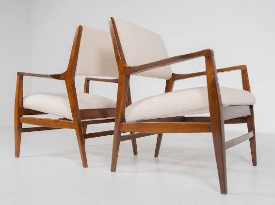 Mid-Century Pair of Armchairs, Wood and Fabric, Italy, 1960s