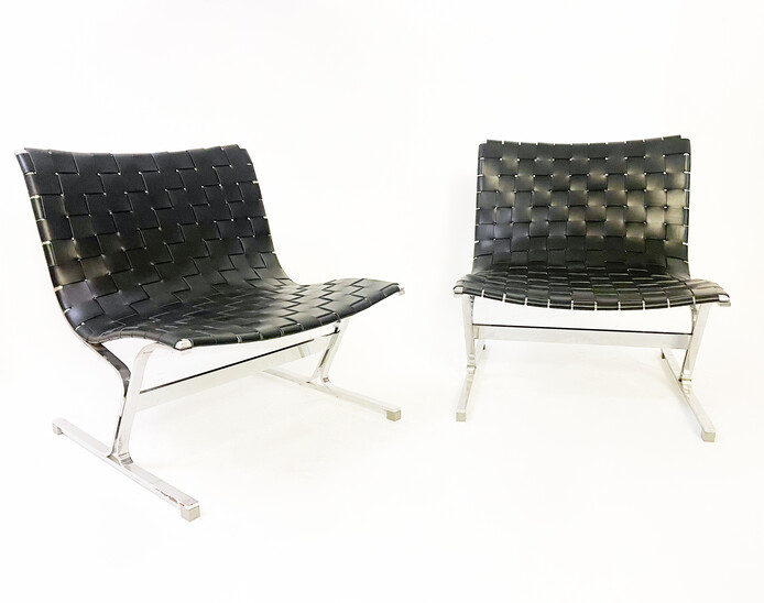 Mid-Century Pair of Lounge Chairs by Ross Littell for ICF, Black Leather, Italy, 1970s