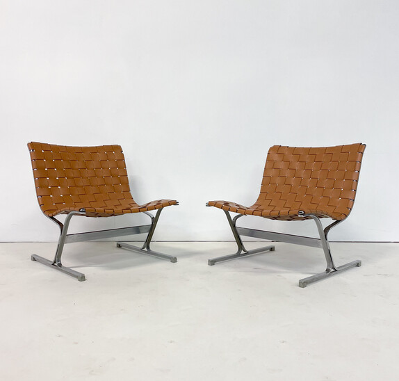  Mid-Century Pair of Lounge Chairs by Ross Littell for ICF, Cognac Leather, Italy, 1970s