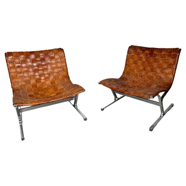 Mid-Century Pair of Lounge Chairs by Ross Littell for ICF, Cognac Leather, Italy, 1970s