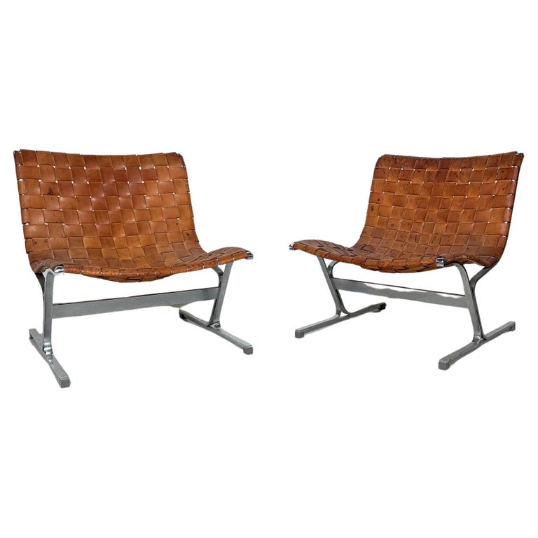 Mid-Century Pair of Lounge Chairs by Ross Littell for ICF, Cognac Leather, Italy, 1970s