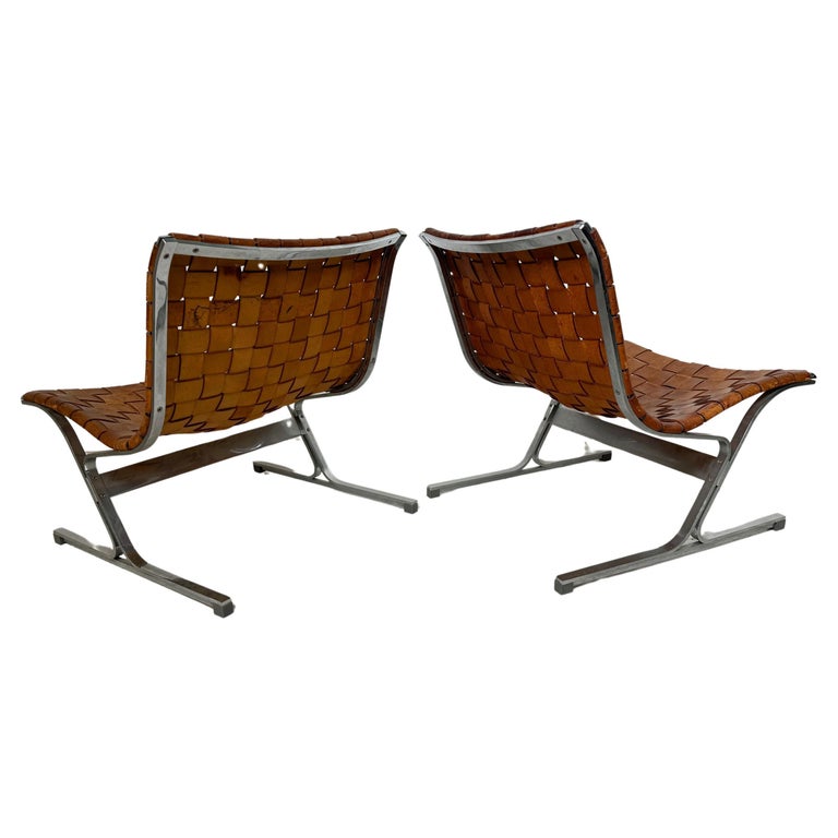 Mid-Century Pair of Lounge Chairs by Ross Littell for ICF, Cognac Leather, Italy, 1970s