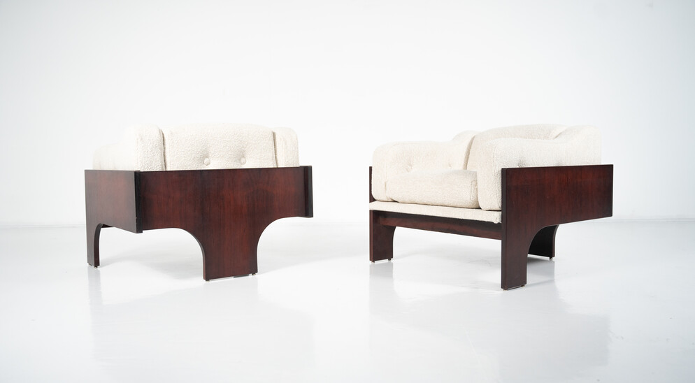 Mid-Century Pair of Oriolo Armchairs by Claudio Salocchi for Sormani Wood and White Fabric - Italy 1960s