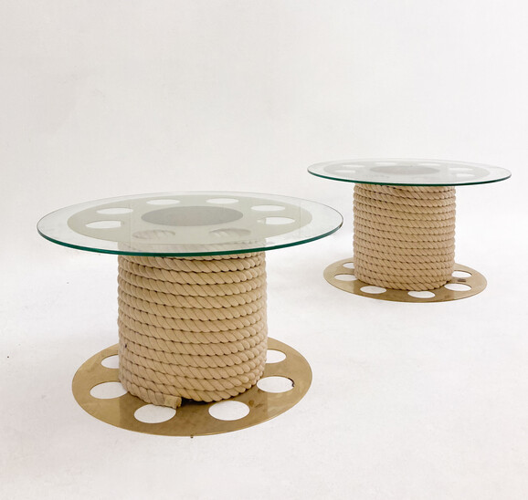Mid-Century Pair of Paco Rabanne Side Tables, Glass, Rope and Metal, 1980s