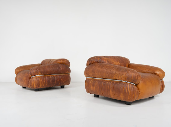 Mid-Century Pair of Sesann Armchairs by Gianfranco Frattini for Cassina, Italy, 1970s - Original Leather