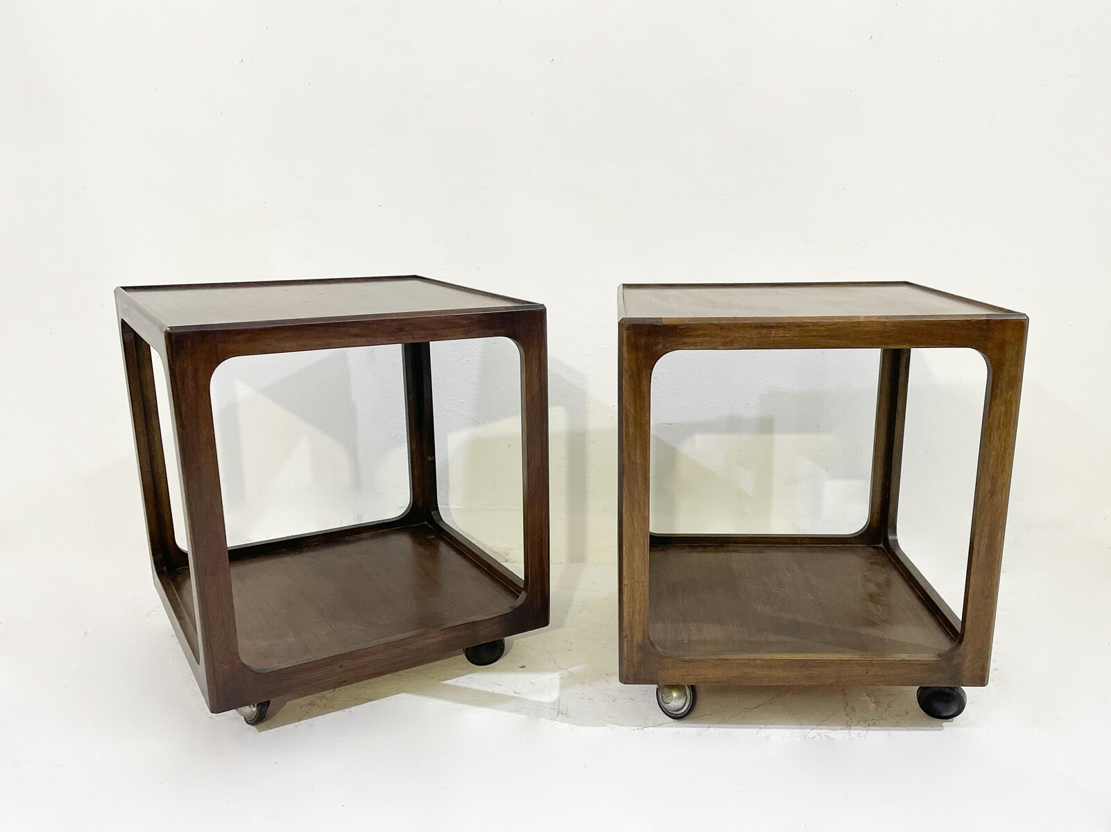 Mid-Century Pair of Side Tables with Wheels, Wood, 1960s