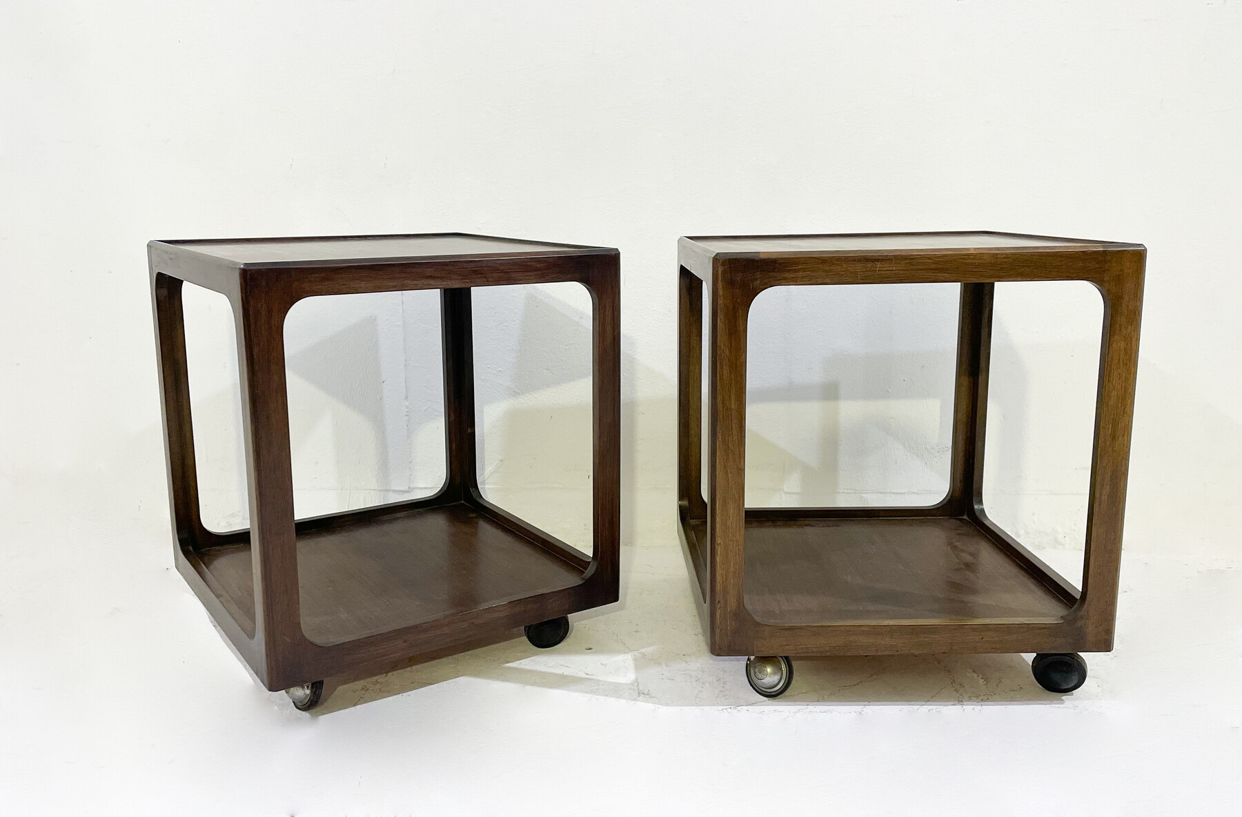 Mid-Century Pair of Side Tables with Wheels, Wood, 1960s