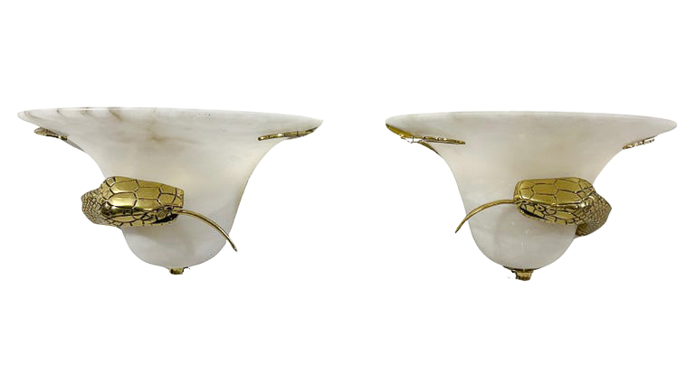 Mid-Century Pair of Snake Wall Lights, Brass and Alabaster, Italy, 1970s