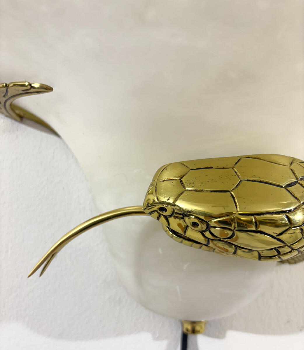 Mid-Century Pair of Snake Wall Lights, Brass and Alabaster, Italy, 1970s