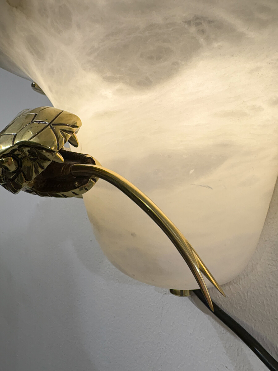 Mid-Century Pair of Snake Wall Lights, Brass and Alabaster, Italy, 1970s