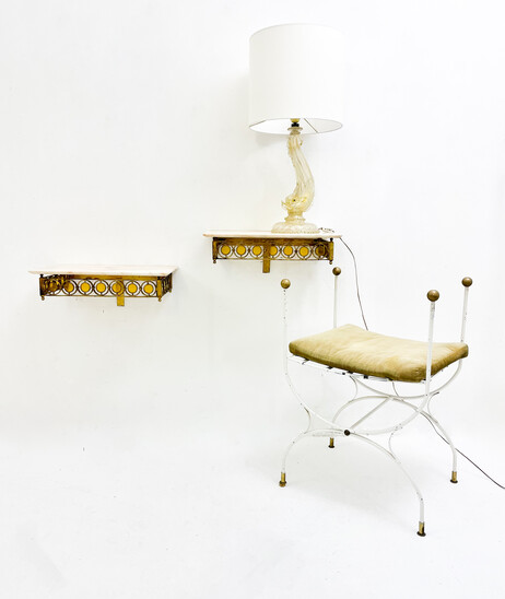 Mid-Century Pair of Wall Consoles, Wrought Iron, Marble and Glass