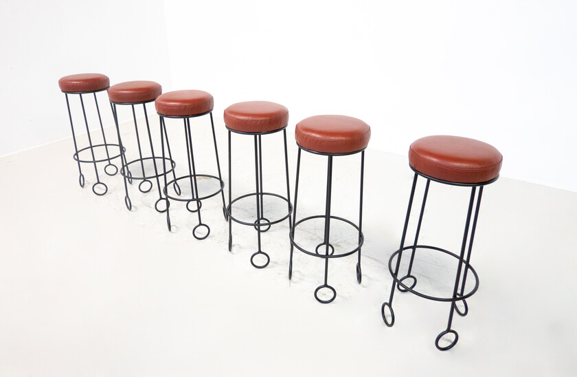 Mid-Century 'Quattro Sgabelli' Bar Stool by Jean Royère, Iron and Leather, Italy, 1950s - Sold Individually
