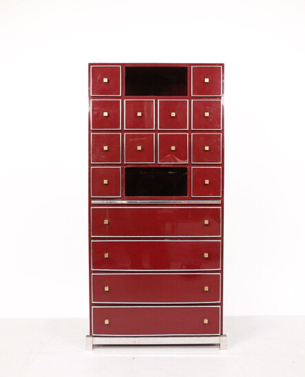 Mid-Century Red Cabinet Secretary by Michel Pigneres, Brass Chrome and Lacquer, France, 1970s