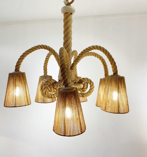 Mid-century rope chandelier by Audoux Minet - France 1970s