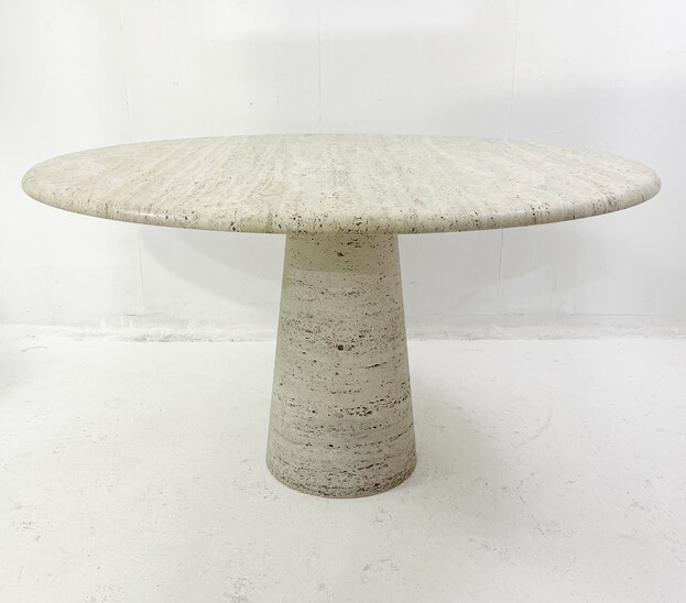Mid-Century round travertine dining table in style of Angelo Mangiarotti - Italy 1970s