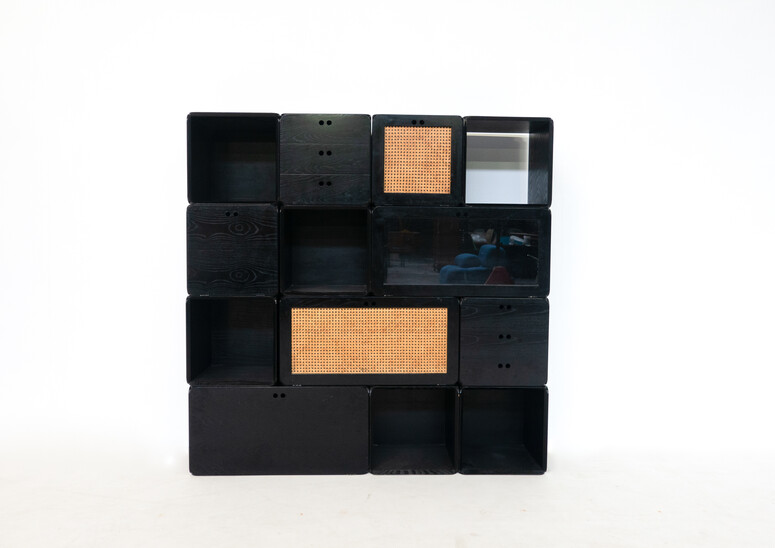 Mid-Century Set of Modular Wooden Black Cubes by Derk Jan de Vries, 1960s