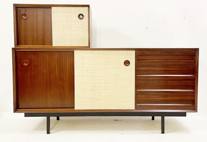 Mid-century two faces raffia and wood sideboard - Italy 1960s