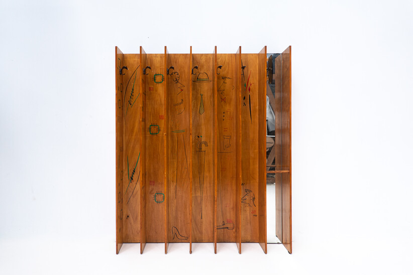 Mid-century wood and lighting mirror coat hanger - Italy 1950s