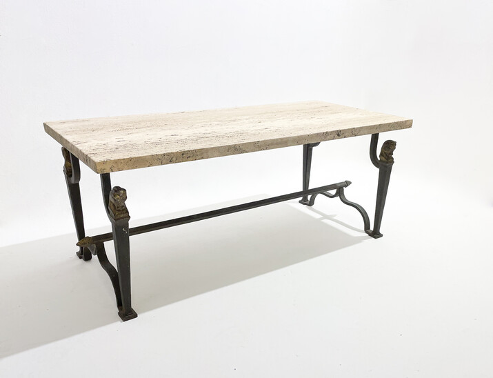 Mid-Century Wrought Iron and Travertine Coffee Table, 1940s