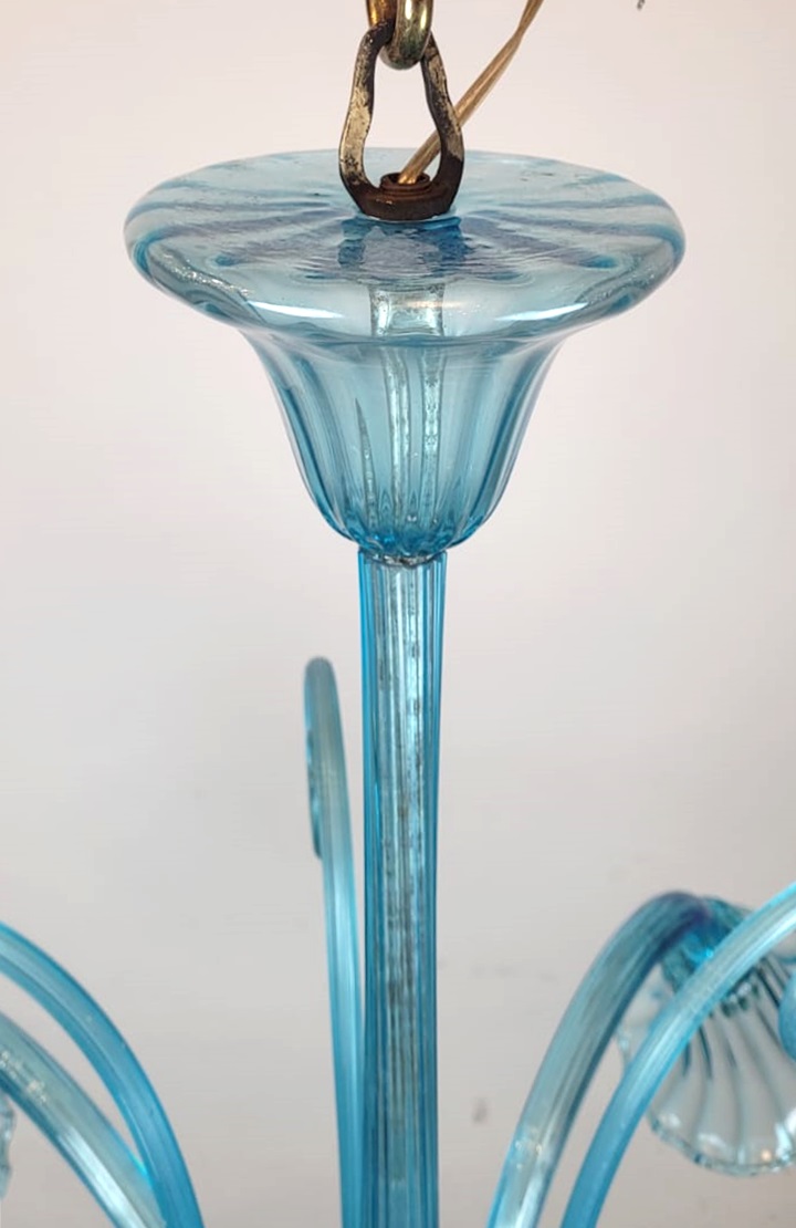 Murano Blue Glass Chandelier - 5 Arms Of Light, 1940s