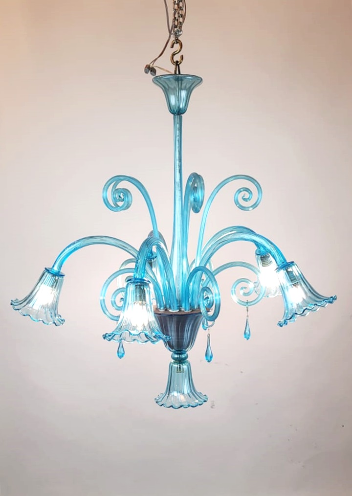 Murano Blue Glass Chandelier - 5 Arms Of Light, 1940s