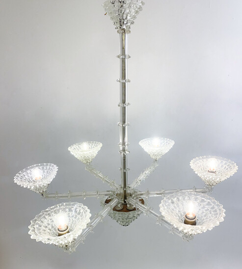 Murano Glass Chandelier by Ercole Barovier, 6 Arms Light, Italy, 1930s