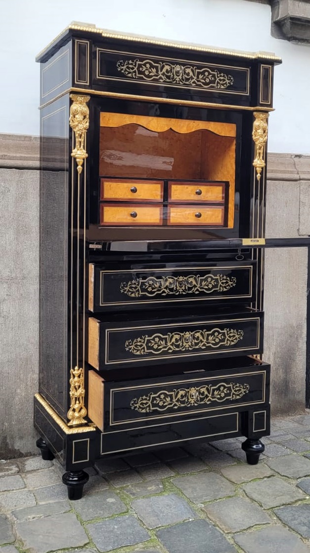 Napoleon III Secretary, Blackened Pear Wood and Brass Marquetry