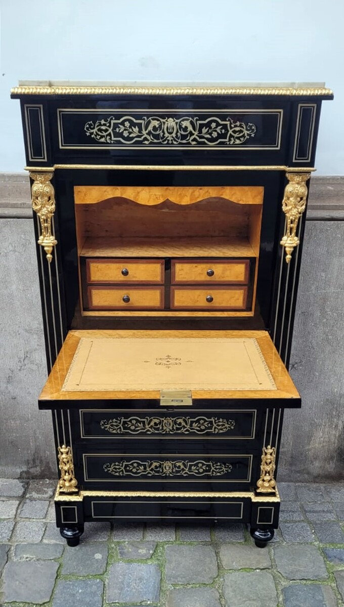 Napoleon III Secretary, Blackened Pear Wood and Brass Marquetry