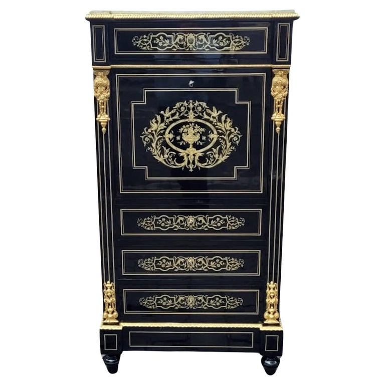 Napoleon III Secretary, Blackened Pear Wood and Brass Marquetry