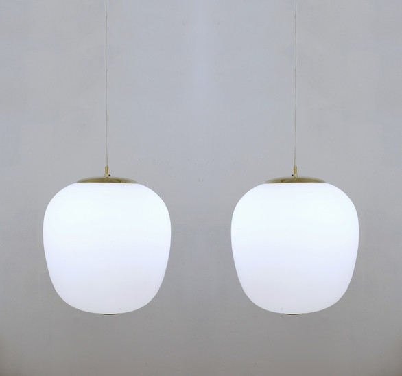 Opaline Glass And Brass Pendant Light By Stilnovo, Italy, 1950s -