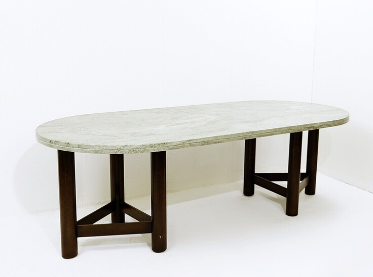Oval Dining Table by Charles Kreglinger with celadon green marble top and steel base