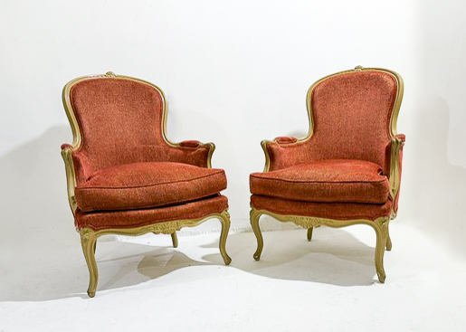 Pair of Armchairs Louis XV Style, Red Upholstery 