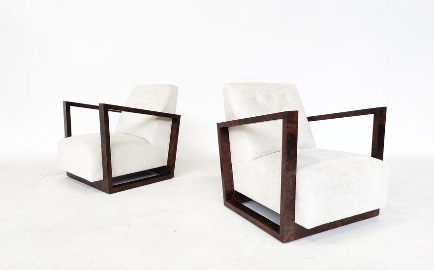 Pair of Art Deco Armchairs ,Fabric and Walnut, New Upholstery