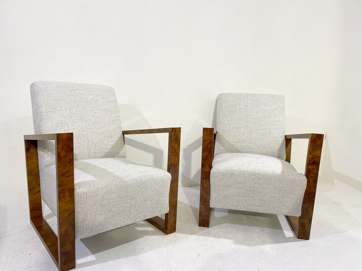 Pair of Art Deco Armchairs ,Fabric and Walnut, New Upholstery