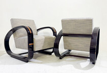 Pair of Art Deco Armchairs, Wood and Fabric, New Upholstery