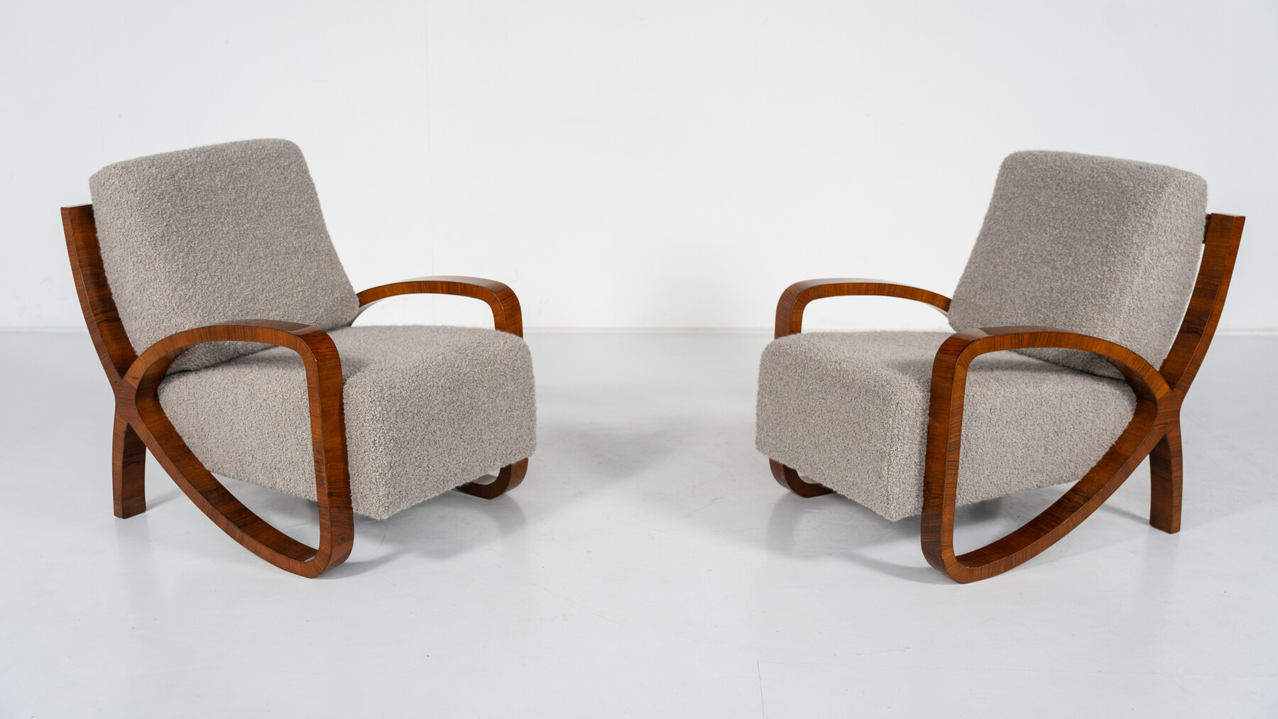 Pair of Art Deco Armchairs, Wood and Fabric - New Upholstery