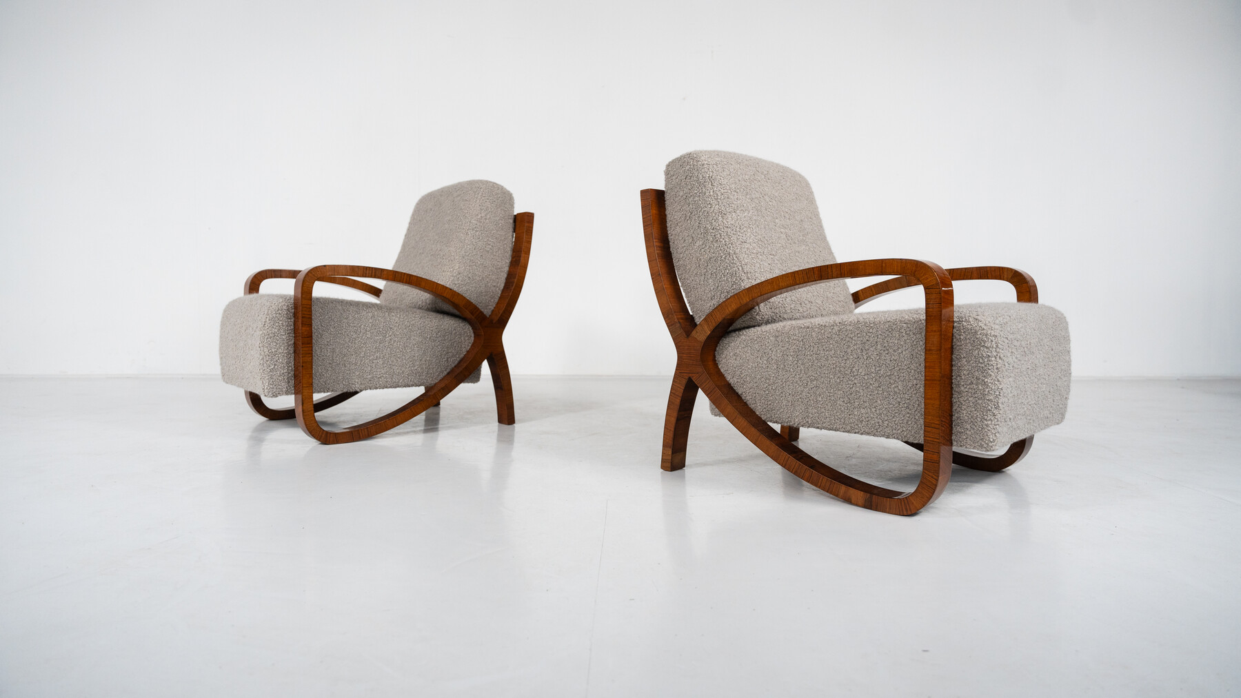 Pair of Art Deco Armchairs, Wood and Fabric - New Upholstery