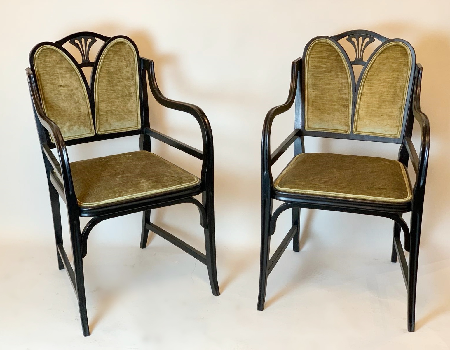  Pair Of Art Nouveau Thonet Armchairs - Black Lacquered Bentwood and Velvet 