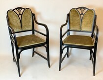 Pair Of Art Nouveau Thonet Armchairs - Black Lacquered Bentwood and Velvet 