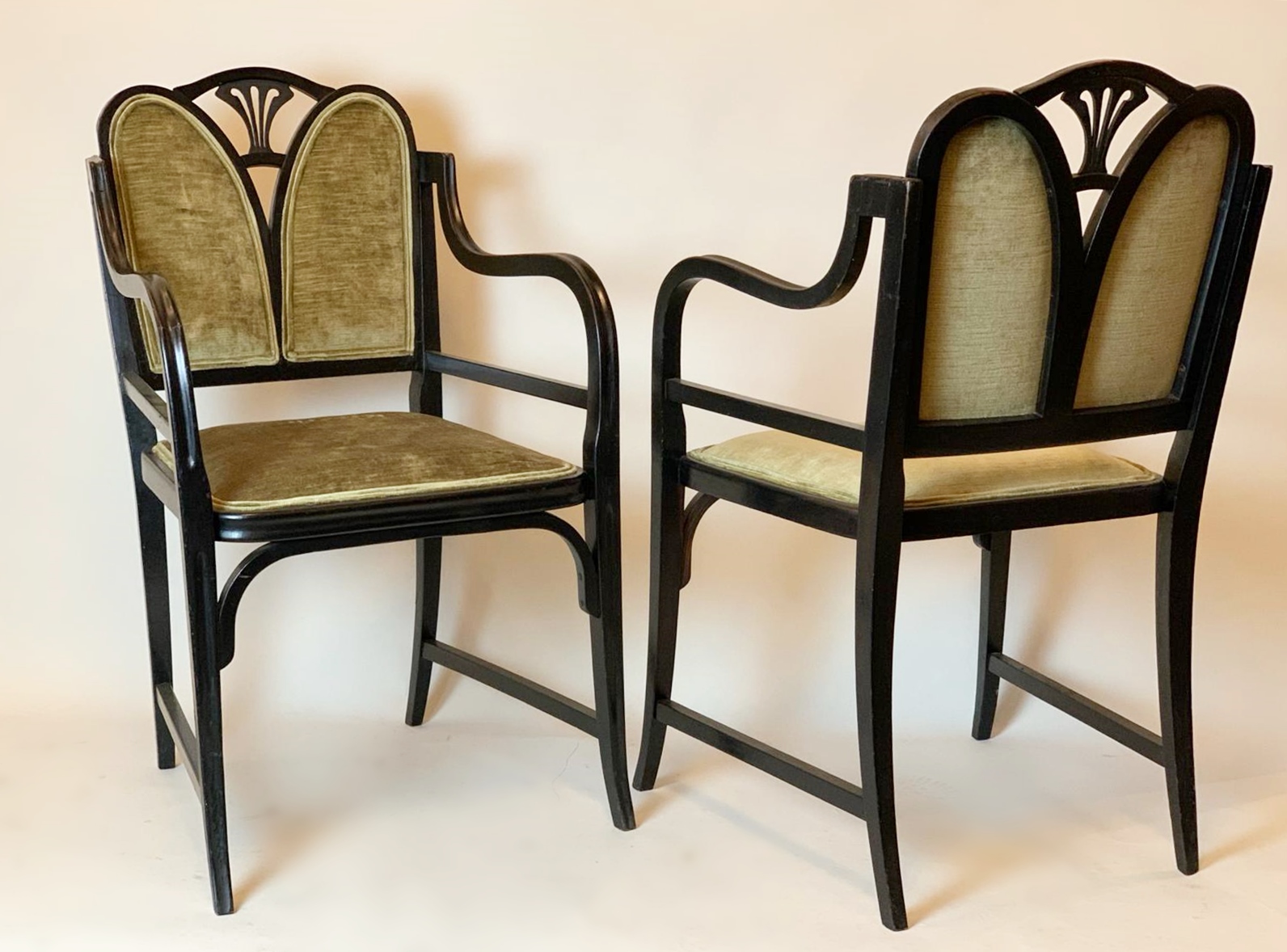  Pair Of Art Nouveau Thonet Armchairs - Black Lacquered Bentwood and Velvet 