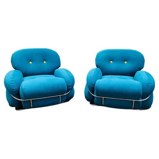 Pair of Blue and Yellow Armchairs in the Style of Sesann, 1960s 