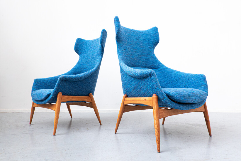 Pair of Blue Fabric Armchairs by Julia Gaubek, New Upholstery, Hungary, 1950s