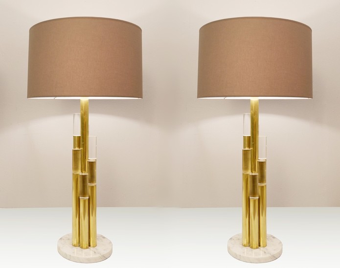 Pair Of Brass And Glass Tubes Table Lamps - Italy
