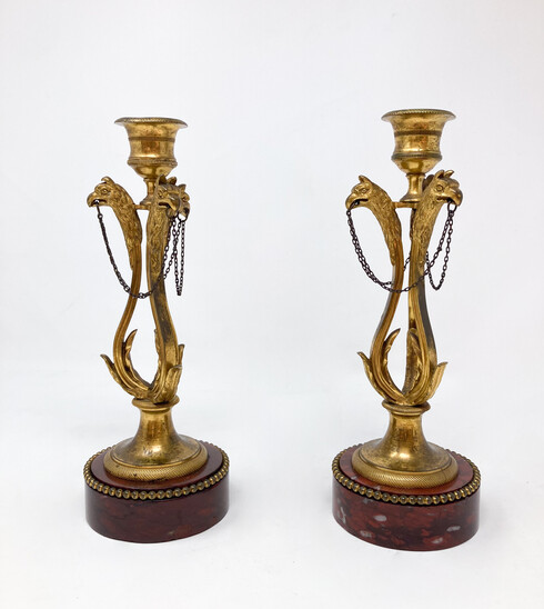 Pair of Candlesticks, Louis XVI, Gilded Bronze and Griotte Marble