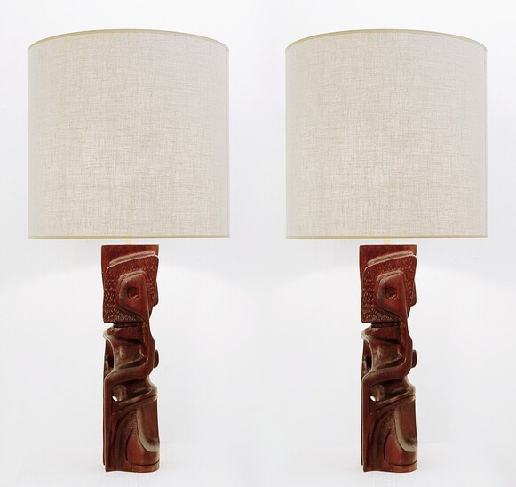 Pair of Carved Wood Table Lamps by Gianni Pinna - 1970s